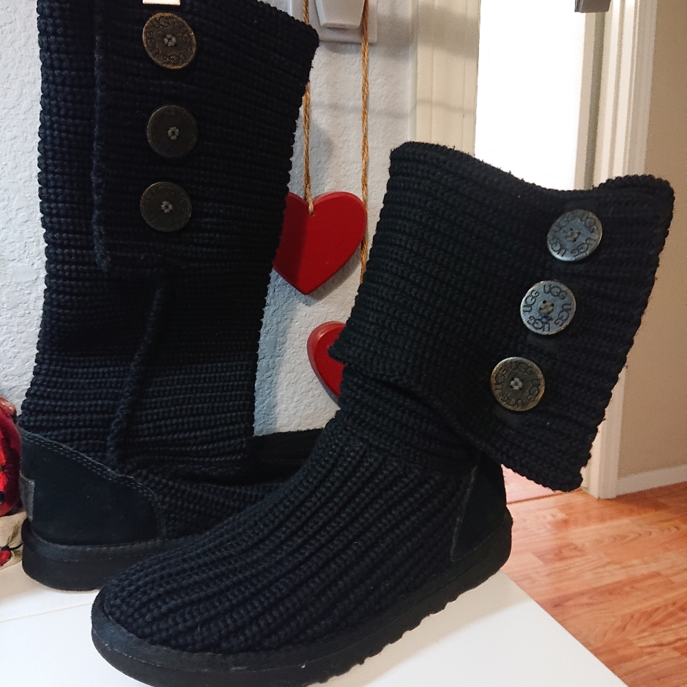 Ugg Cardy Black Knit Foldover Boots 7